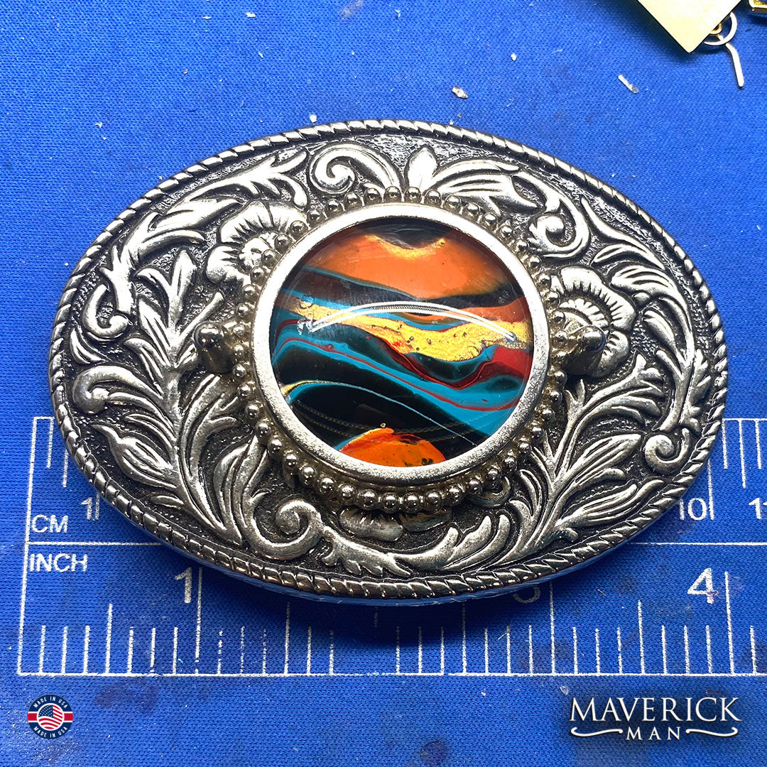 Fabulous bolo tie and buckle set with hand painted stones