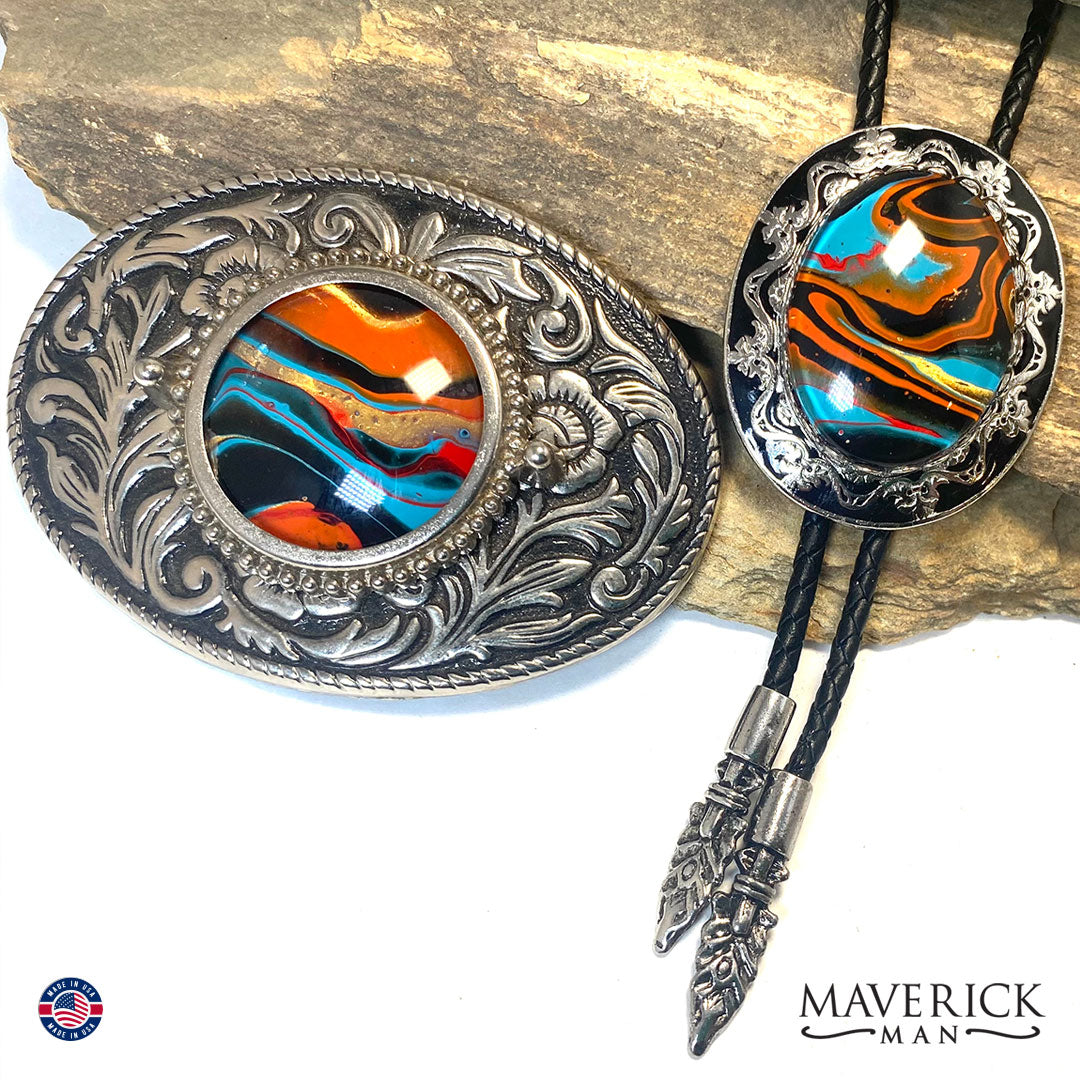 Fabulous bolo tie and buckle set with hand painted stones