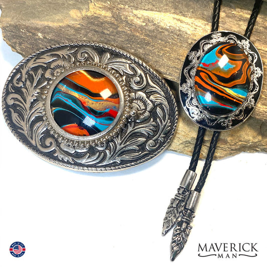 Fabulous bolo tie and buckle set with hand painted stones