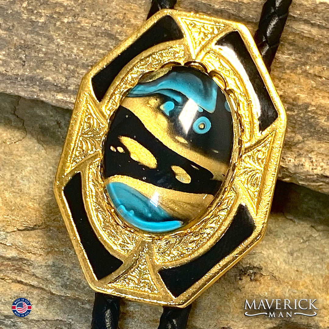 Turquoise gold and black hand painted stones in bolo and buckle set