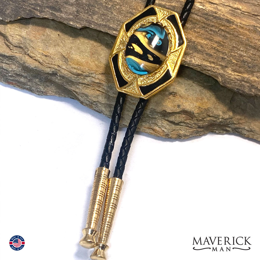 Turquoise gold and black hand painted stones in bolo and buckle set