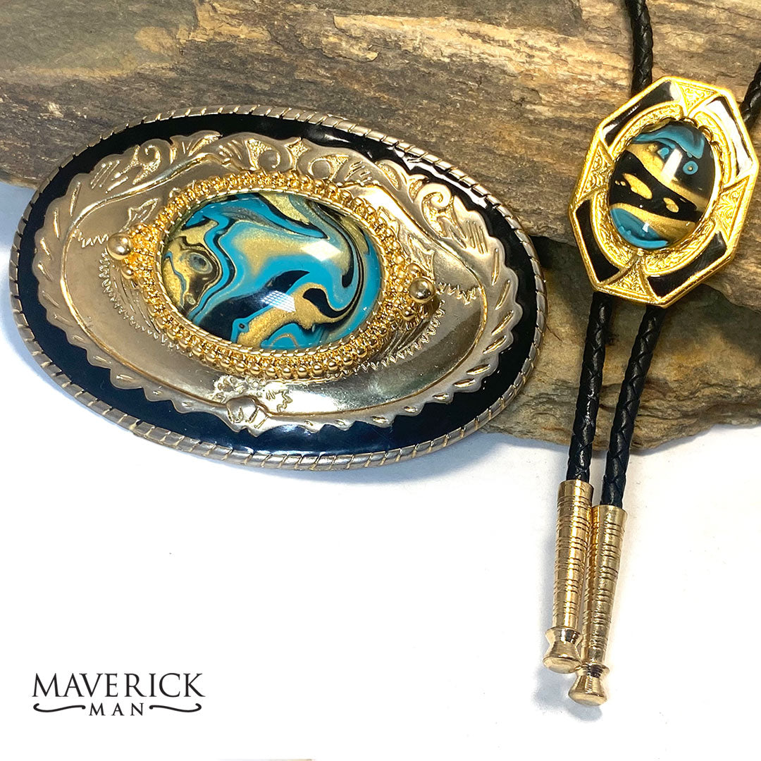 Turquoise gold and black hand painted stones in bolo and buckle set