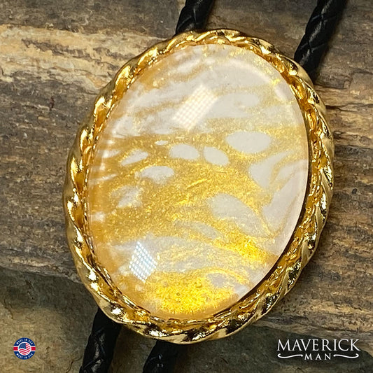 Classy gold and white bolo tie and buckle set in gold