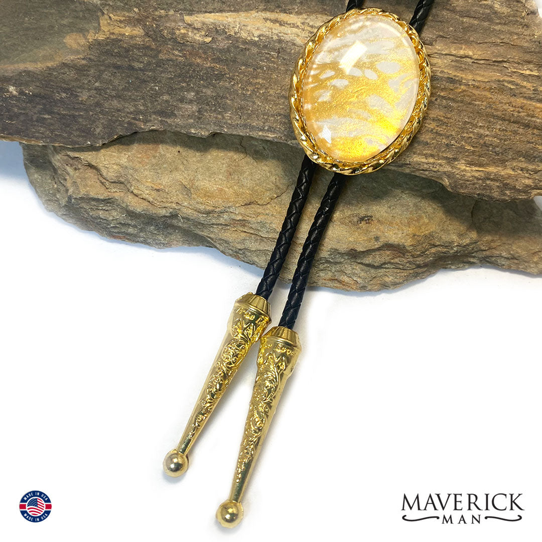 Classy gold and white bolo tie and buckle set in gold