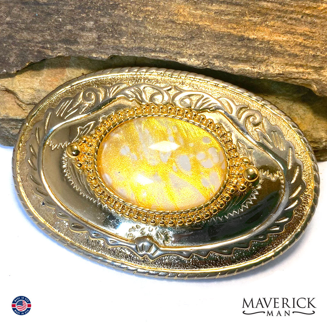 Classy gold and white bolo tie and buckle set in gold