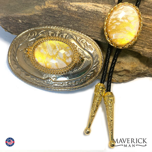 Classy gold and white bolo tie and buckle set in gold