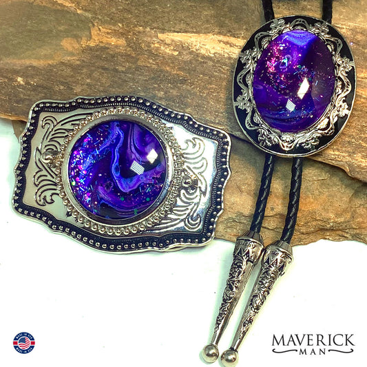 Eye-catching bolo tie and buckle set with hand painted stones - can buy separately