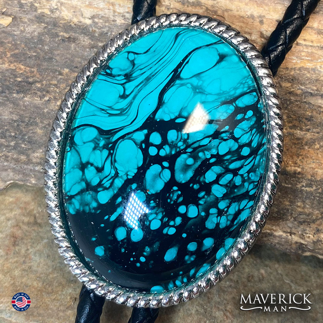 Beaded silver bolo tie with turquoise hand painted stone