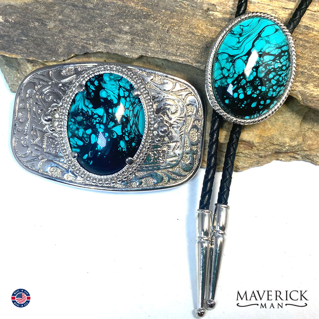 Turquoise and black bolo tie and buckle set