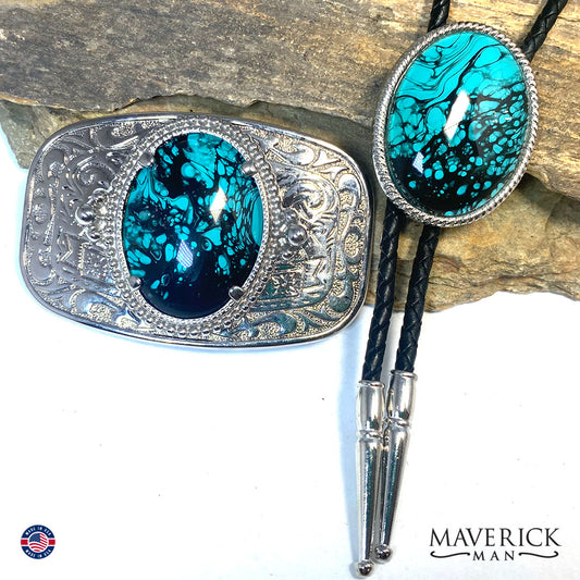 Turquoise and black bolo tie and buckle set
