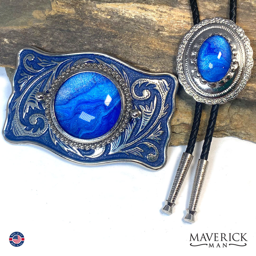 Bolo tie and buckle set with rare blue buckle