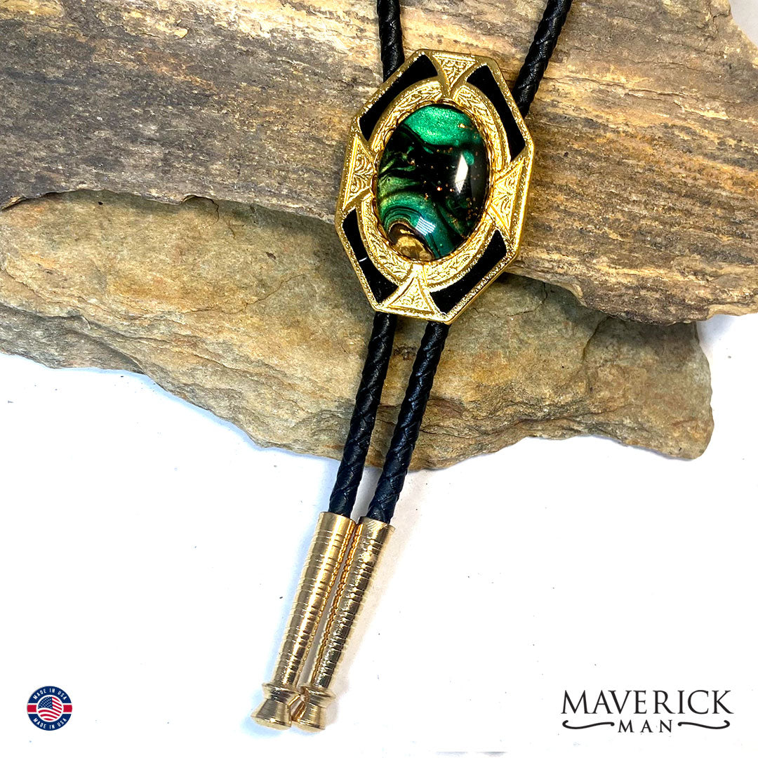 Handsome bolo tie and buckle set with hand painted stones