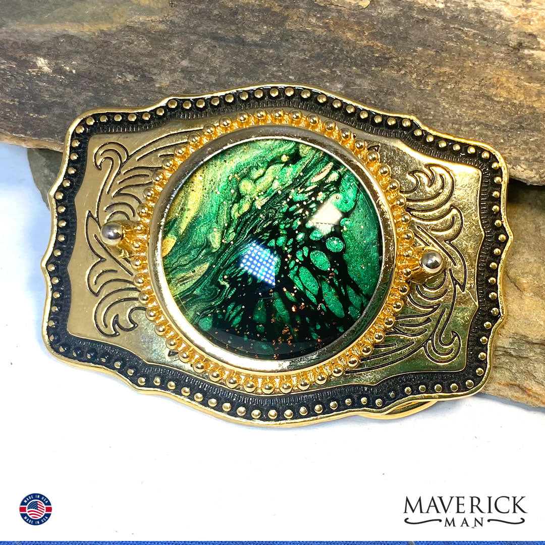 Handsome bolo tie and buckle set with hand painted stones