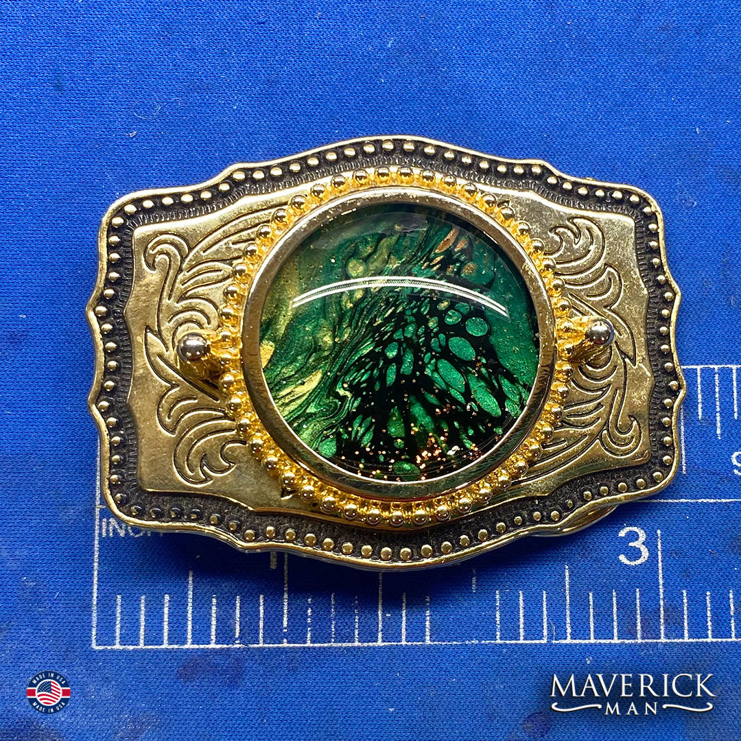 Handsome bolo tie and buckle set with hand painted stones