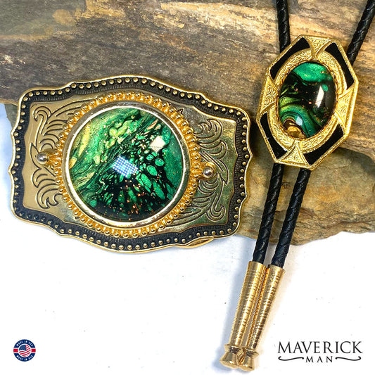 Handsome bolo tie and buckle set with hand painted stones