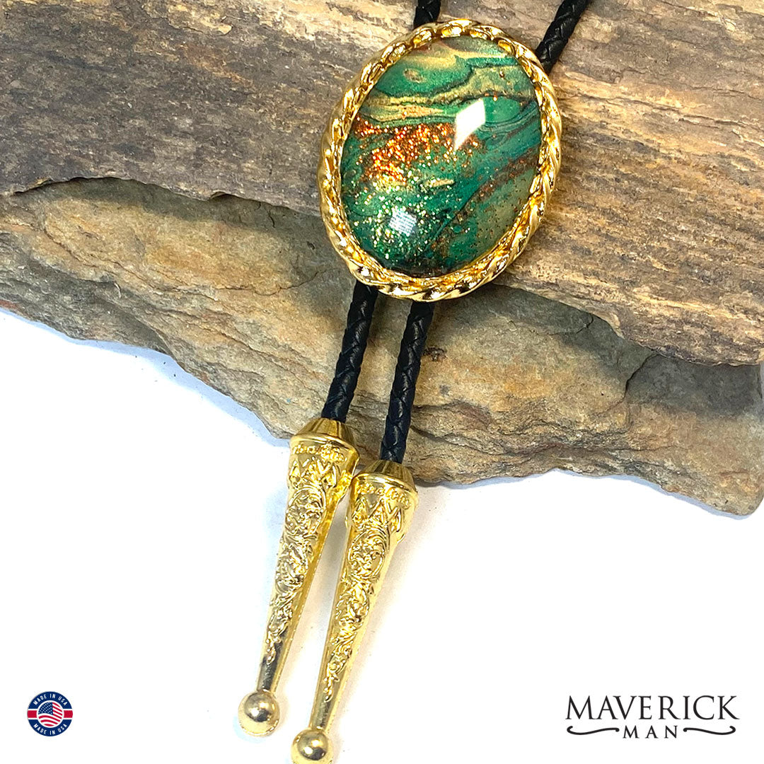 Eye-catching bolo tie and buckle set with hand painted stones