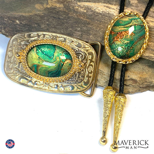 Sparkly green hand painted stones in bolo tie and buckle set