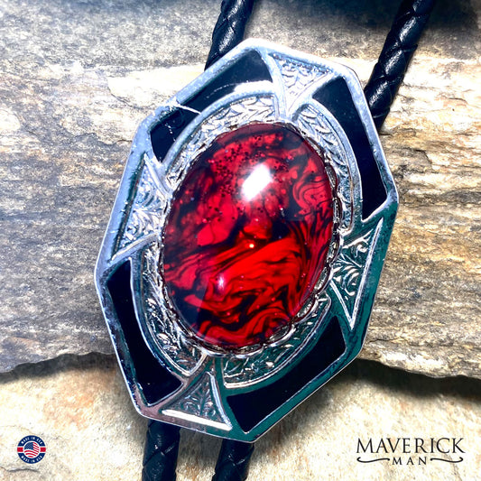 CUSTOM bolo tie with hand painted stone in red and black