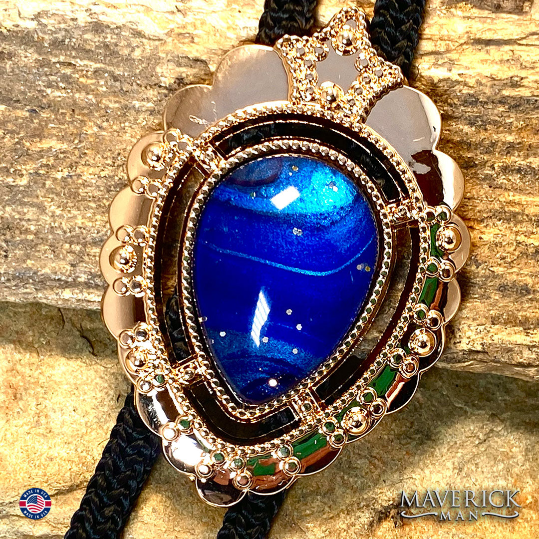 Rose Gold bolo tie with blue hand painted stone