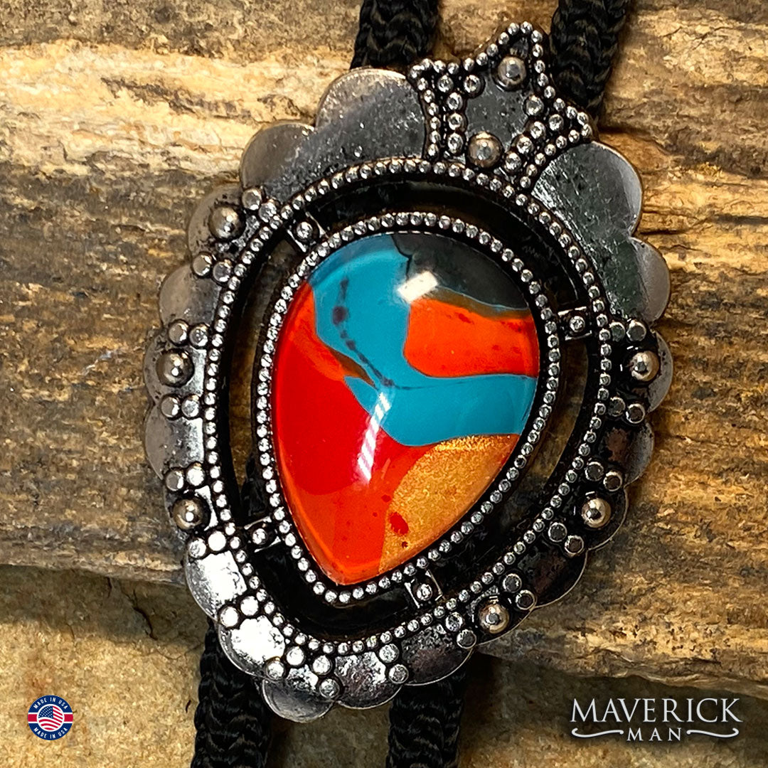 Silver bolo tie with southwestern hand painted stone