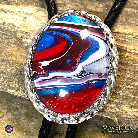 Red white and blue bolo tie with eagle tips