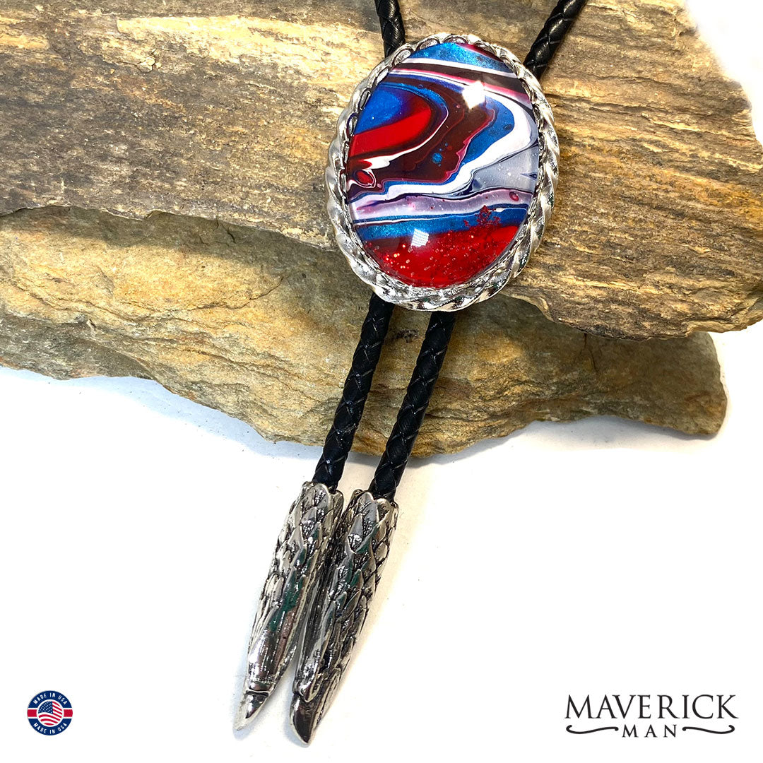 Red white and blue bolo tie with eagle tips