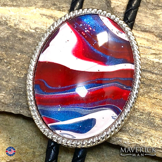 Red white and blue bolo tie with eagle tips