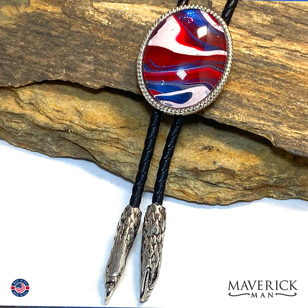 Red white and blue bolo tie with eagle tips