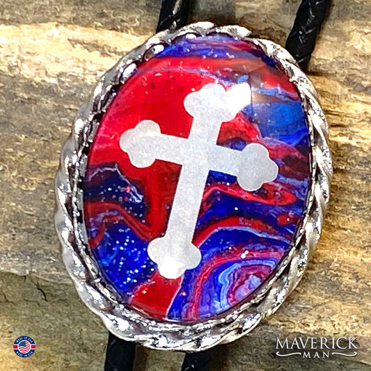Red white and blue Christian bolo tie with eagle tips