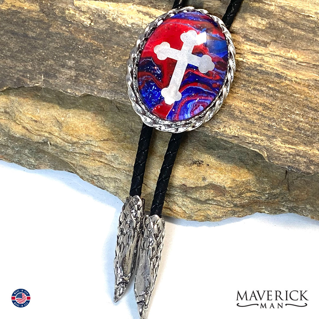 Red white and blue Christian bolo tie with eagle tips