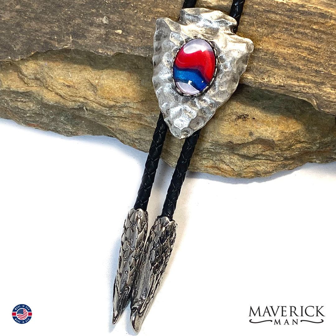 Red white and blue bolo tie with eagle tips
