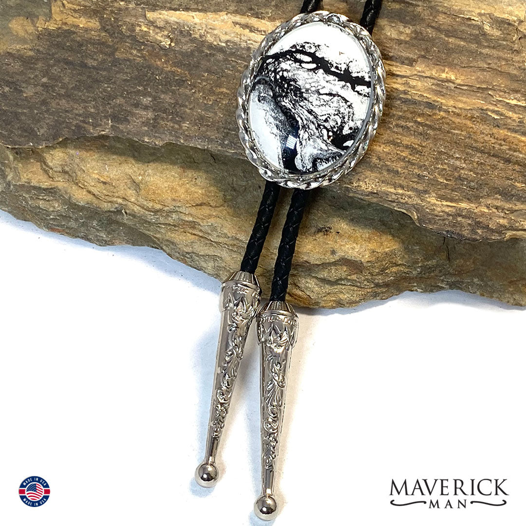 Buffalo turquoise looking hand painted stone in silver twist bolo tie