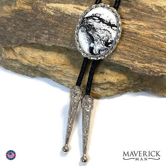 Buffalo turquoise looking hand painted stone in silver twist bolo tie