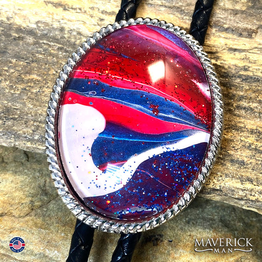 Red white and blue bolo tie with eagle tips
