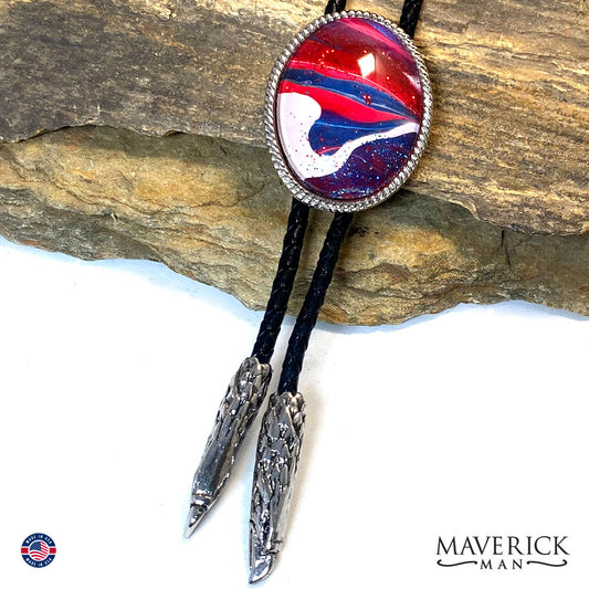 Red white and blue bolo tie with eagle tips