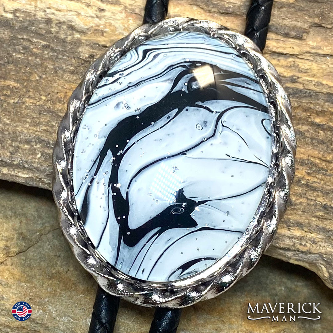 Classic black and white bolo tie and buckle set w hand painted stones