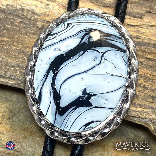 Classic black and white bolo tie and buckle set w hand painted stones
