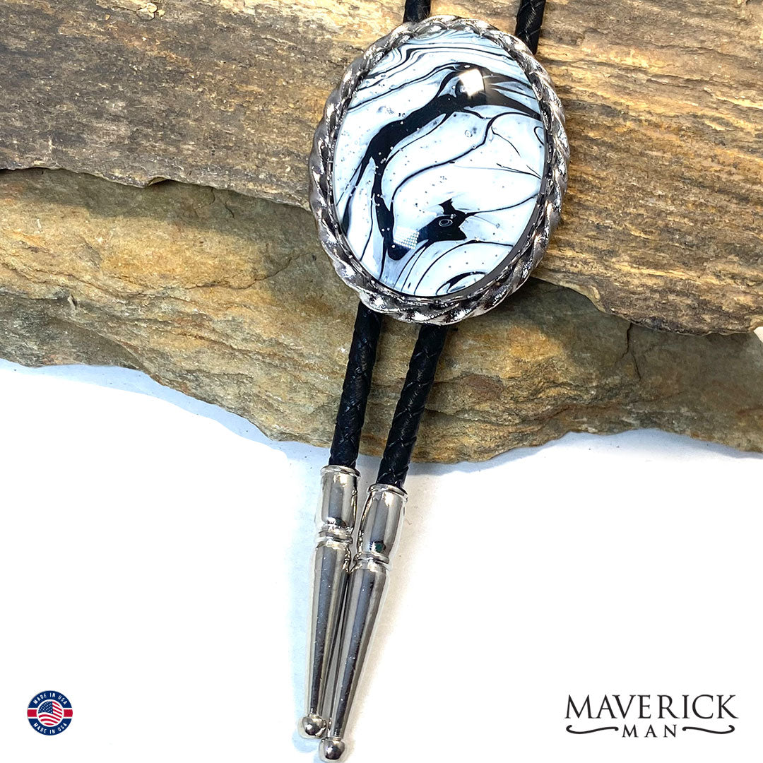 Classic black and white bolo tie and buckle set w hand painted stones