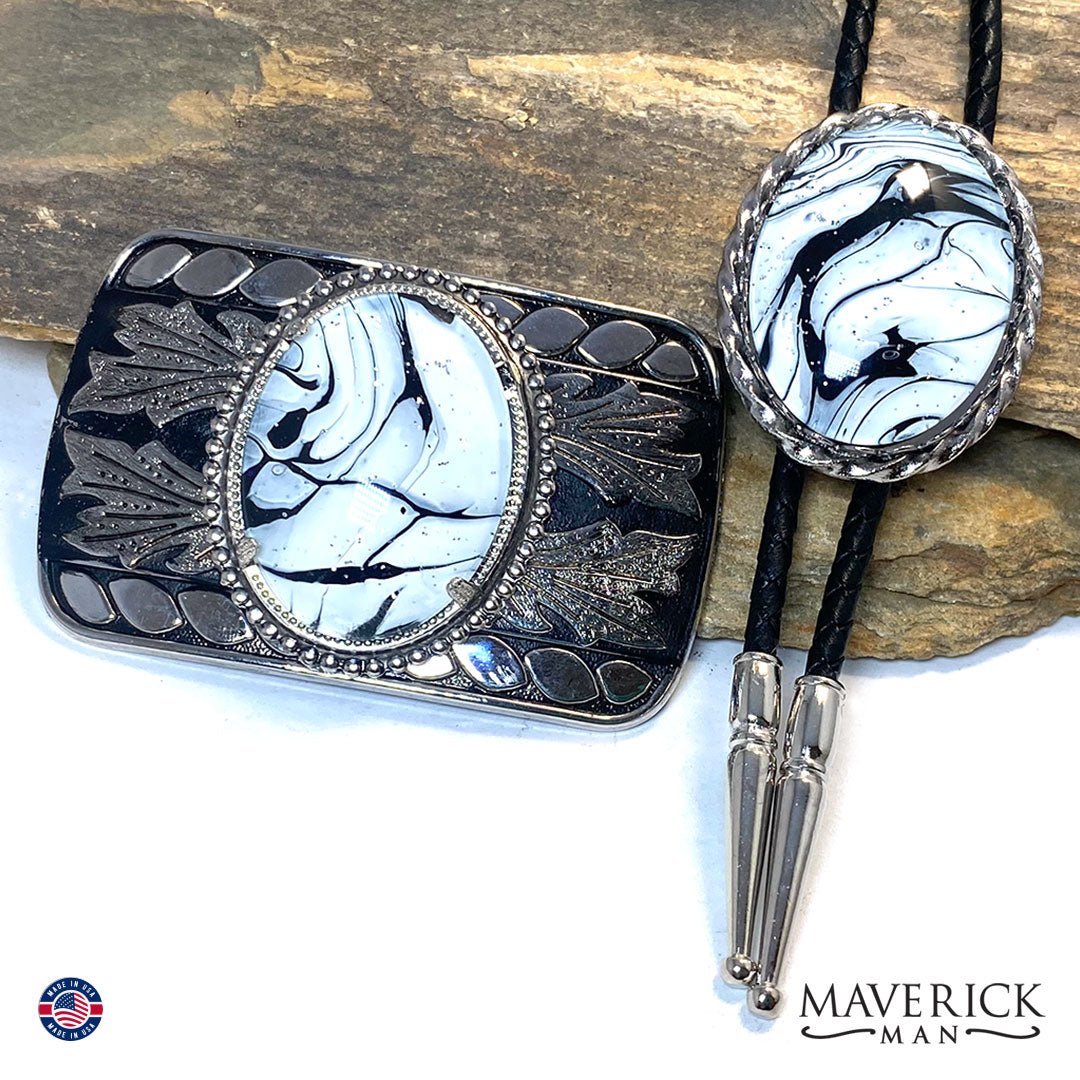 Classic black and white bolo tie and buckle set w hand painted stones