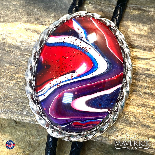 Red white and blue bolo tie with eagle tips