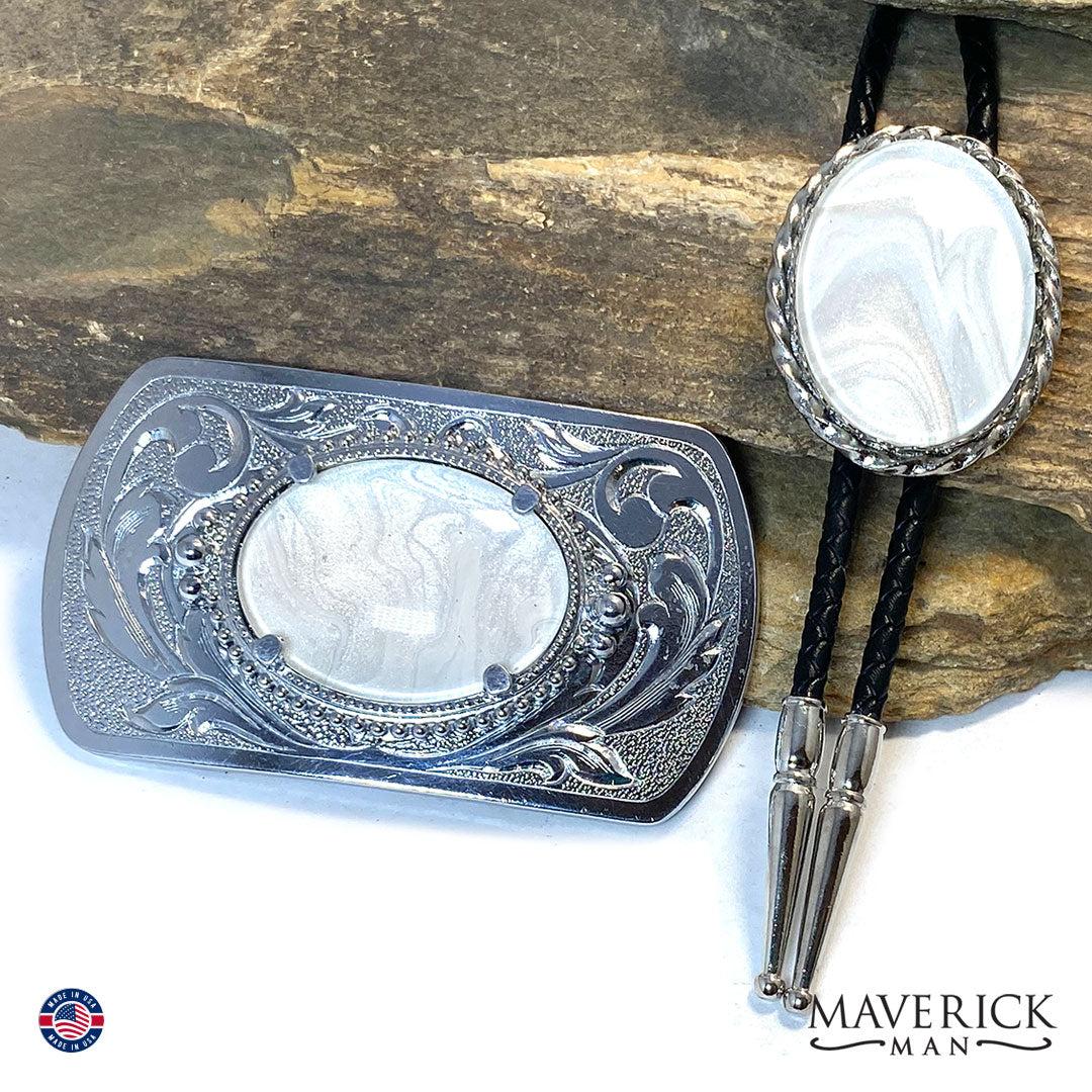 Neutral bolo tie and buckle set with hand painted stones