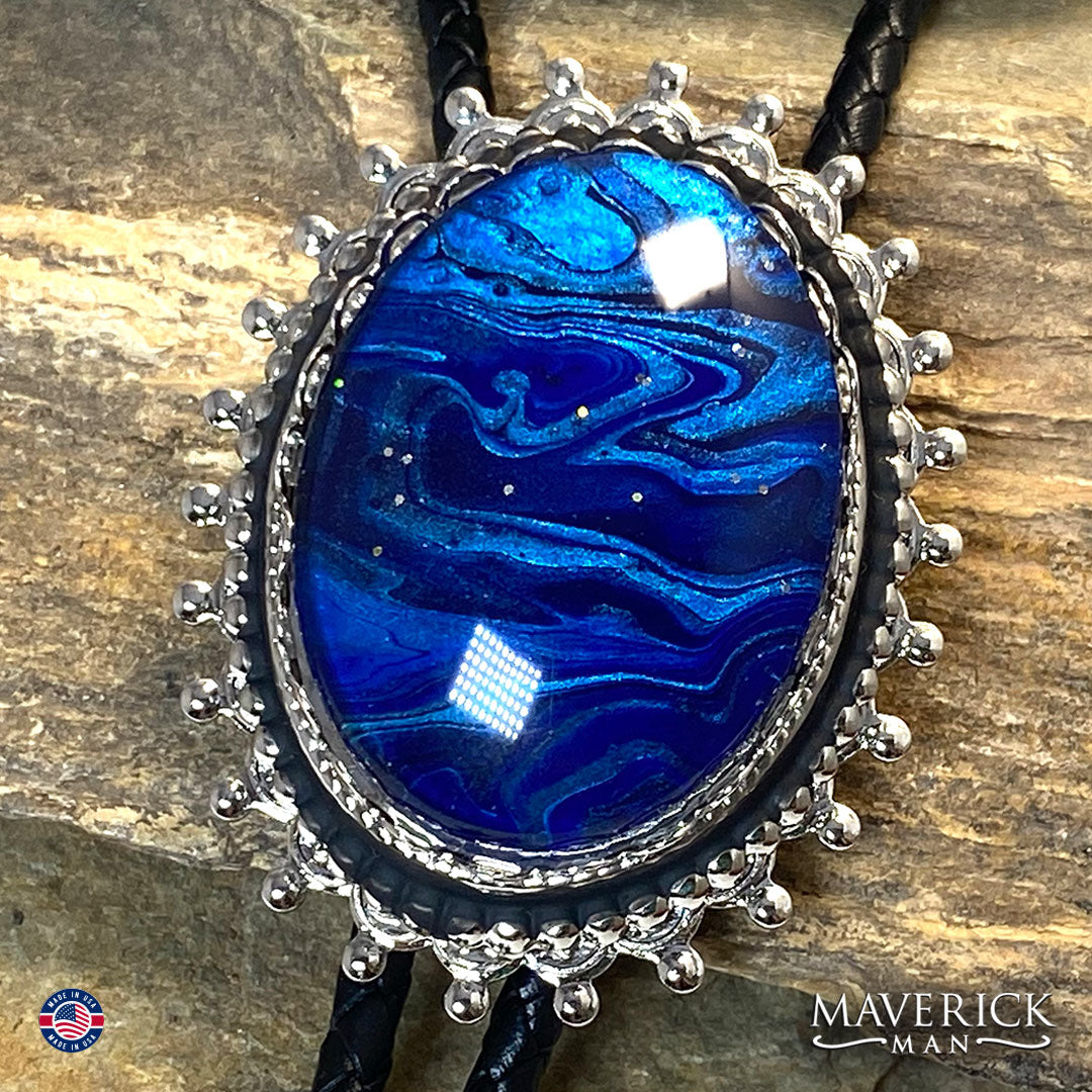 Spectacular hand painted blue stone in spiky bolo tie