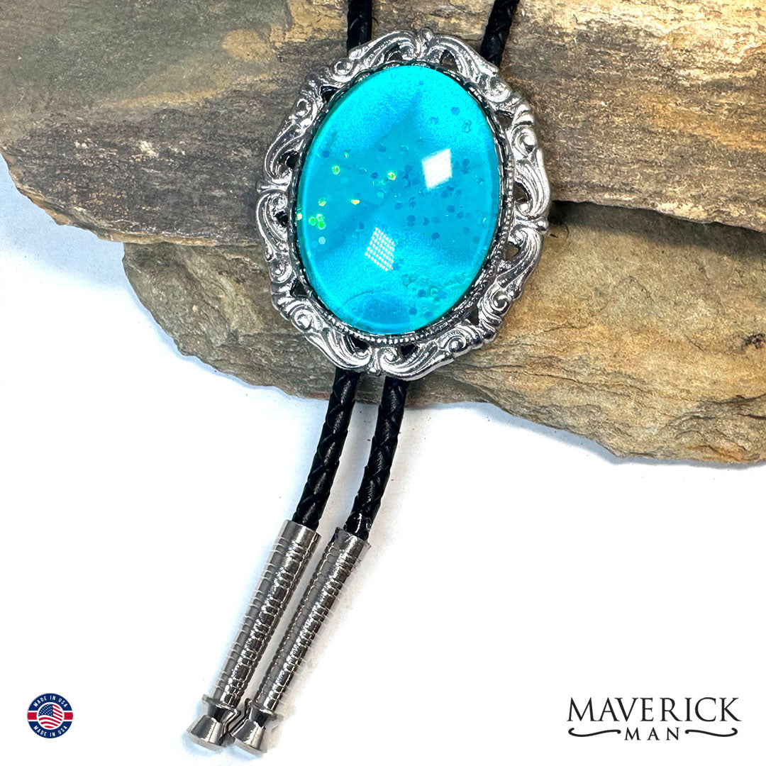 Metallic turquoise bolo and buckle set with hand painted stones