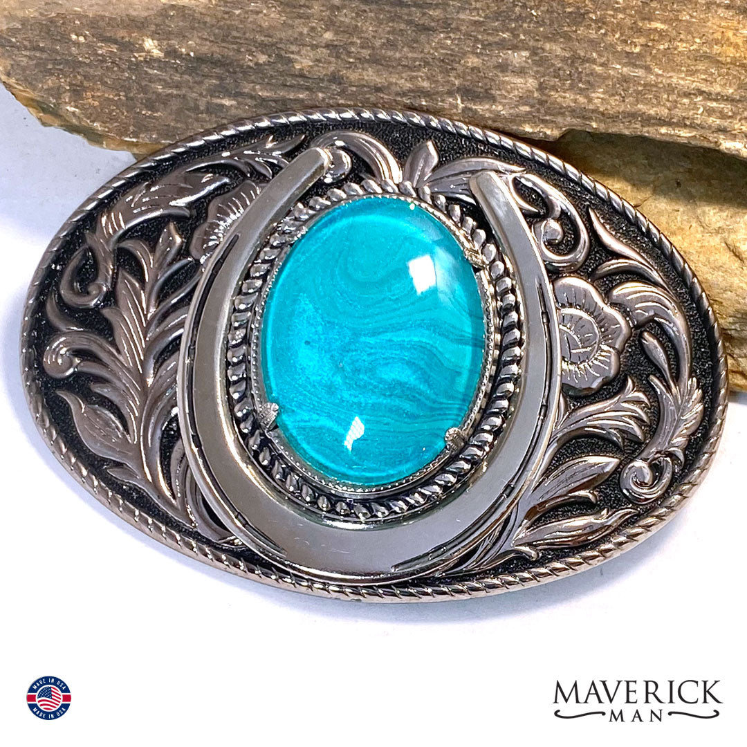Metallic turquoise bolo and buckle set with hand painted stones
