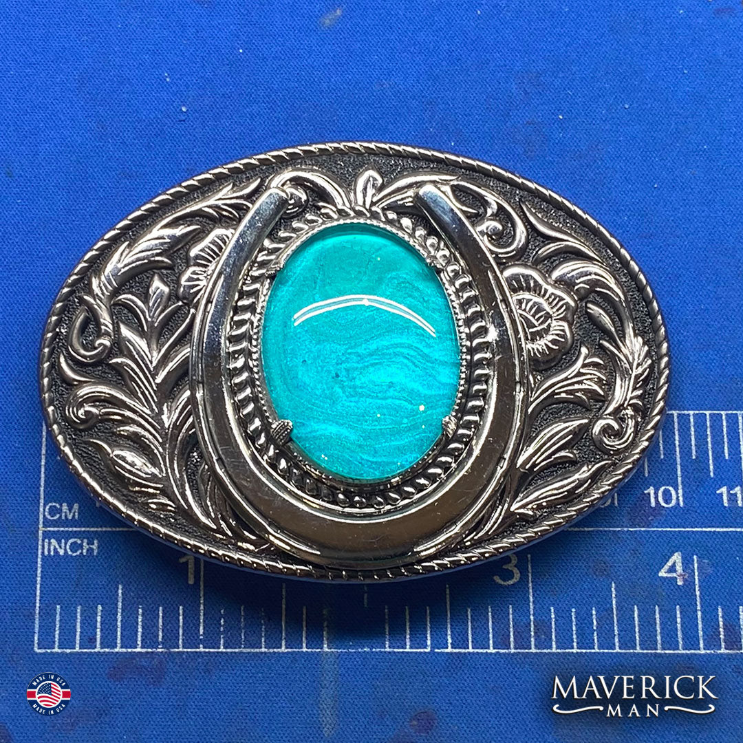 Metallic turquoise bolo and buckle set with hand painted stones
