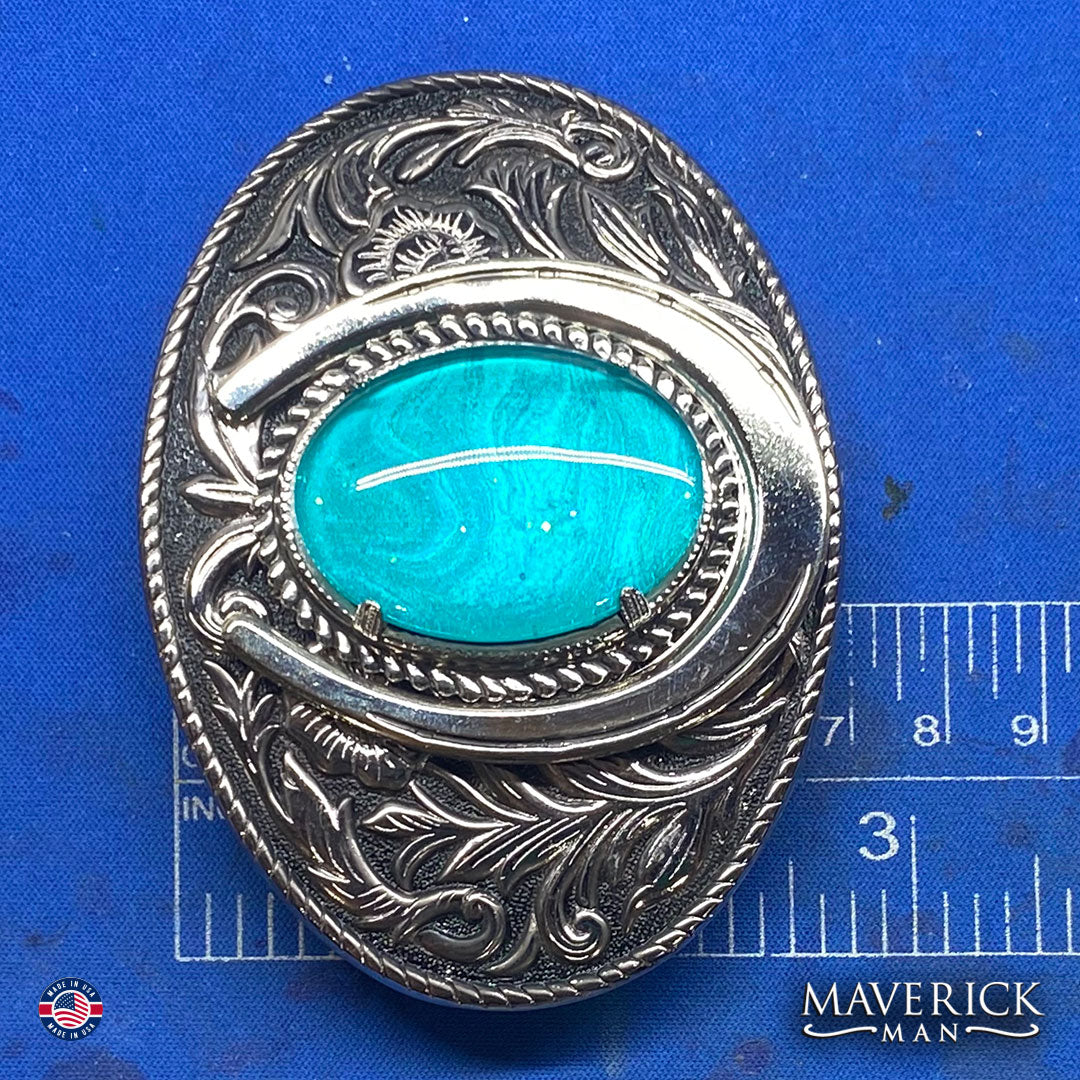 Metallic turquoise bolo and buckle set with hand painted stones
