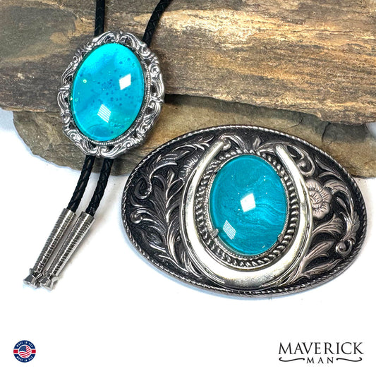 Metallic turquoise bolo and buckle set with hand painted stones