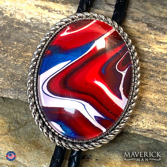 Red white and blue bolo tie with eagle tips