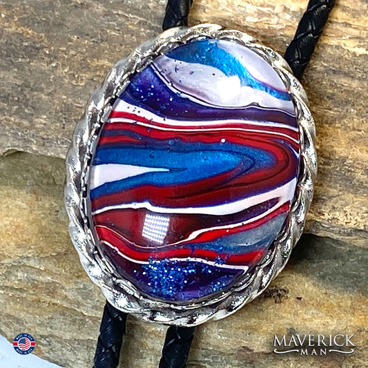 Red white and blue bolo with hand painted stone