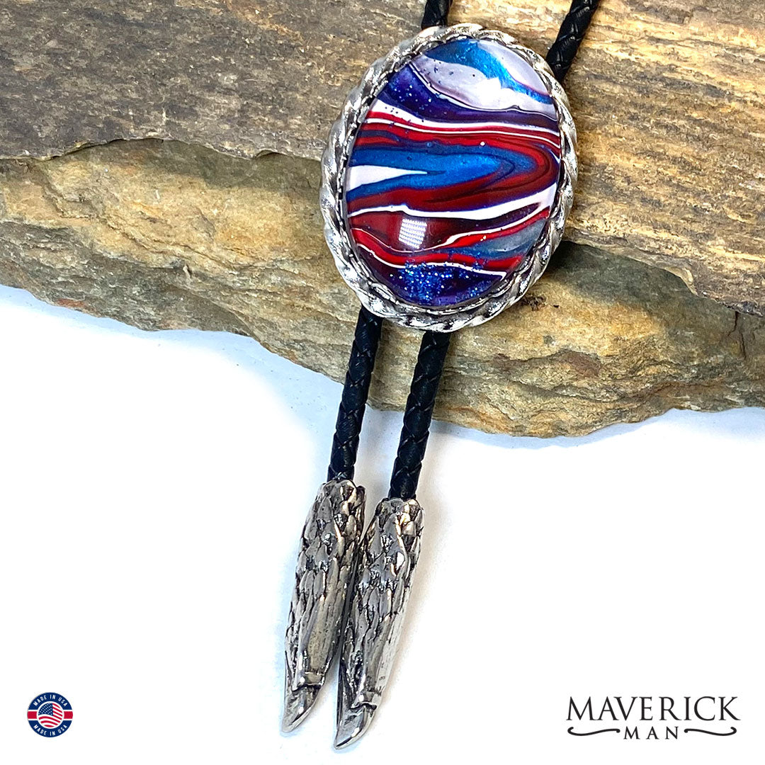 Red white and blue bolo with hand painted stone